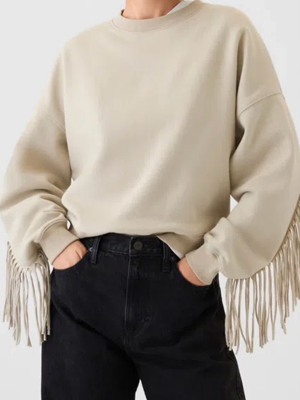 GAP Cream Fringe-Sleeve Crewneck Sweater
